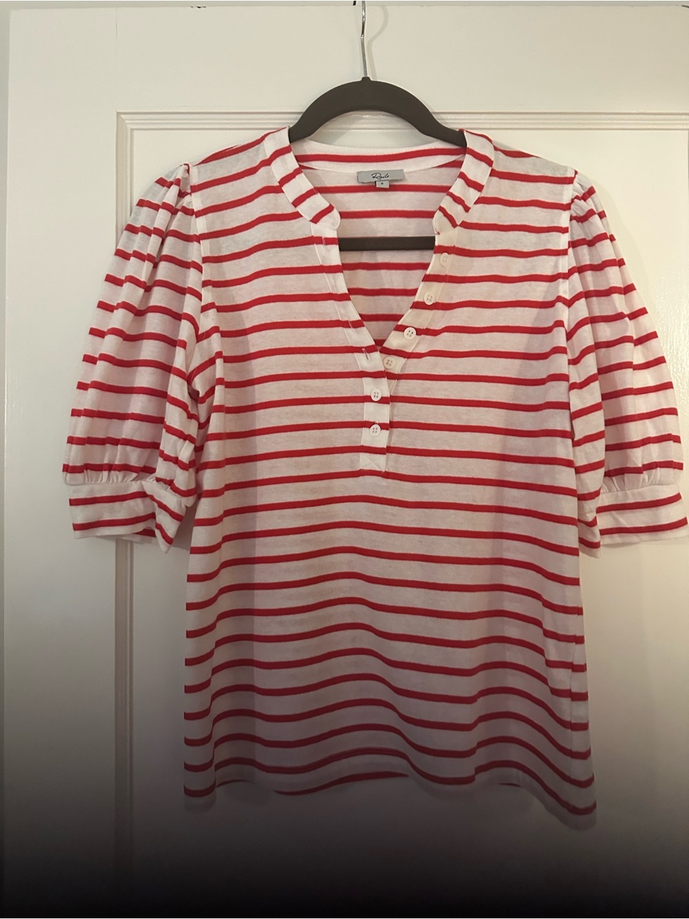 Rails White and Red Striped Henley Puff Sleeve Tee